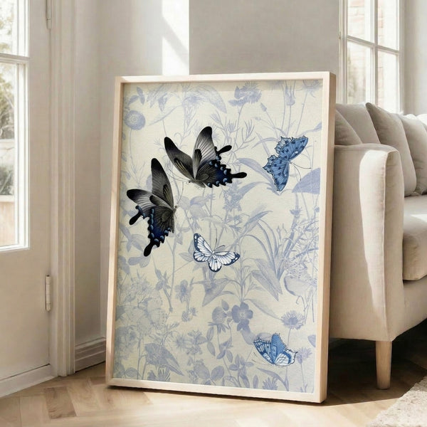 Delicate botanical watercolor artwork showcasing blue butterflies among garden flowers in soothing lavender, cream, and white tones with fine line art details.