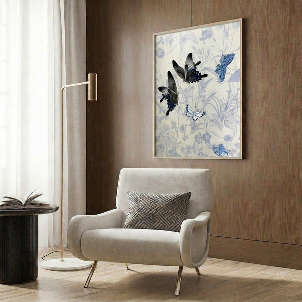Contemplative nature-inspired framed poster blending watercolor and line art, depicting butterflies in a peaceful garden setting with pale blue and lavender florals.