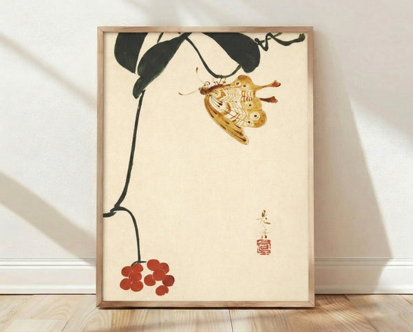 Framed Japanese woodblock-style poster featuring a delicate butterfly perched among berries and green foliage, rendered in serene line art with cream, golden brown, and deep green tones.