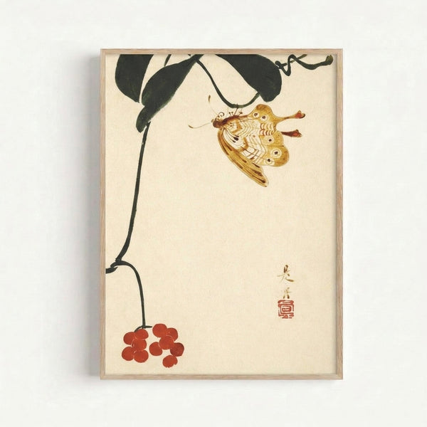 Japandi wall art print showing a naturalistic butterfly study with intricate botanical details, plants, and berries in soft earth tones and black ink on cream background.