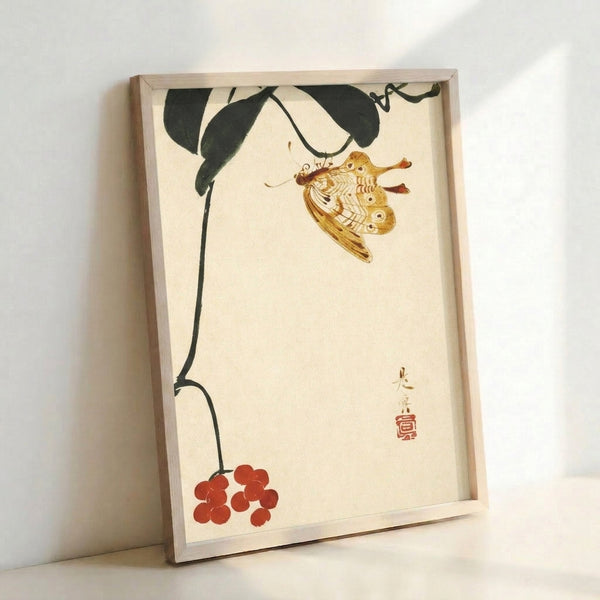 Contemplative Japanese art print of a butterfly surrounded by detailed plant life and red berries, executed in traditional line art style with golden and forest green accents.
