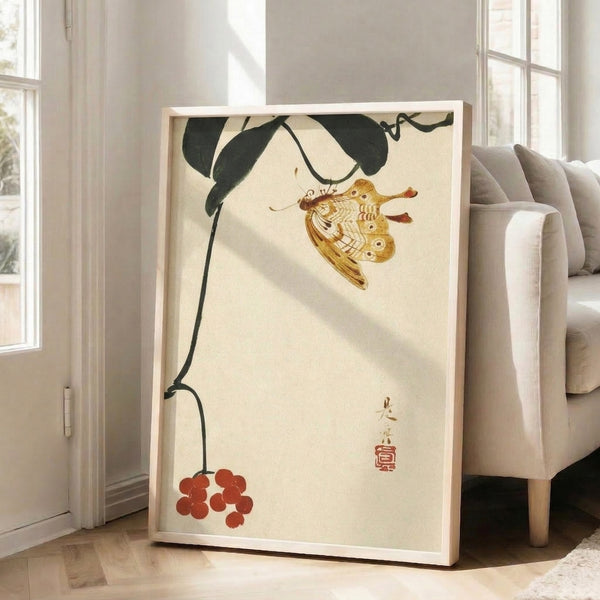 Serene framed botanical poster depicting a butterfly among flowering branches and foliage in the style of Japanese woodblock art, featuring warm cream and deep green palette.