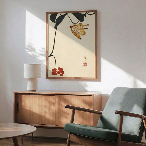 Japandi-style art print showcasing a delicate insect study with surrounding plants and berries, rendered in minimalist line work with rich golden brown and green hues.