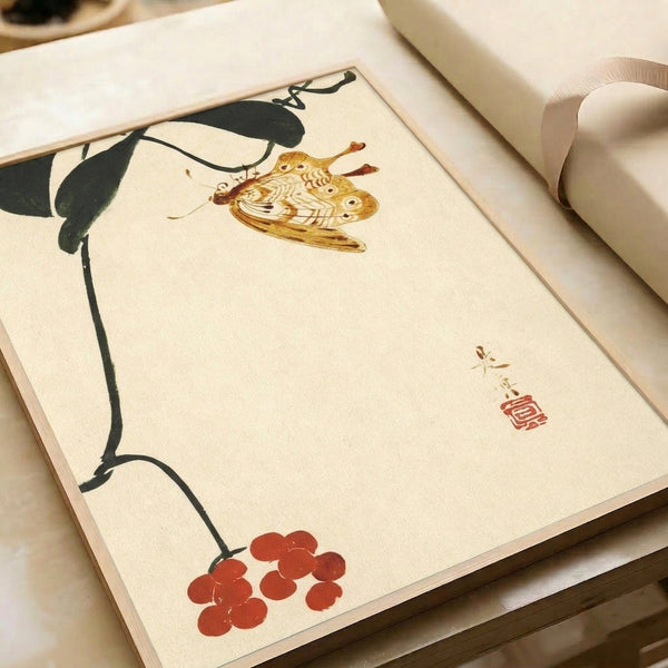 Japanese naturalistic wall art featuring an intricately detailed butterfly and foliage composition in calm earth tones, black ink line art on cream, evoking traditional woodblock aesthetics.