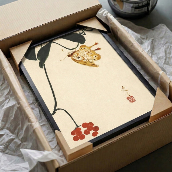 Framed botanical art print with a poised butterfly among berry clusters and leafy stems, combining serene Japanese design sensibilities with contemplative naturalism in warm, muted tones.