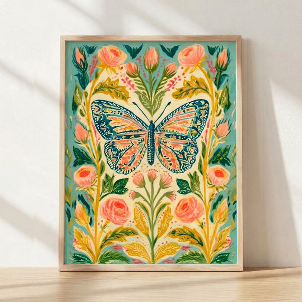 Watercolor botanical art print featuring a monarch butterfly perched on delicate peonies and roses in sage green, coral pink, and golden yellow tones, framed on a wall.