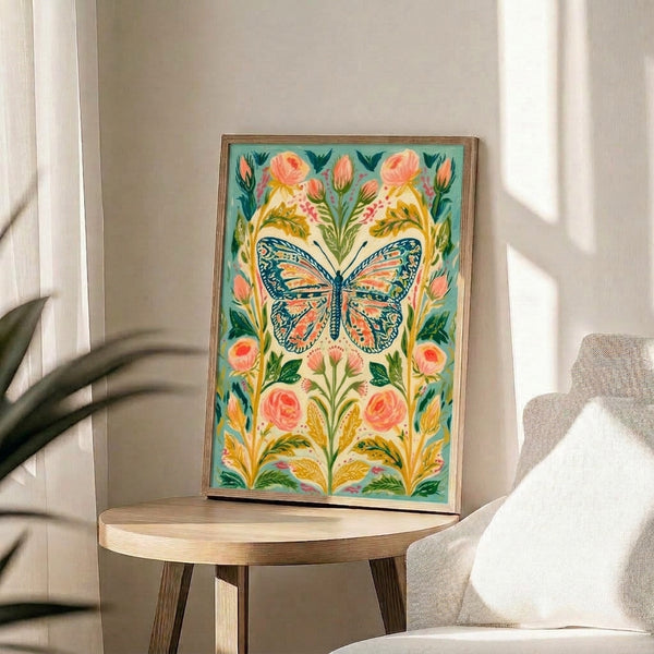 Art Nouveau-inspired boho poster with a graceful monarch butterfly surrounded by flowing botanical elements and blooms in soft watercolor hues of cream, navy, and sage.