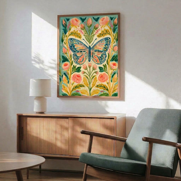 Serene nature-inspired watercolor framed poster showcasing a monarch butterfly among peony flowers and leafy botanicals in warm coral and cool green tones.
