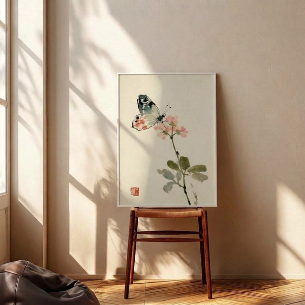 Delicate butterfly study in watercolor with muted cream, pink, and sage green tones accented by blue-grey and ink details, a tranquil Japandi wall art print.