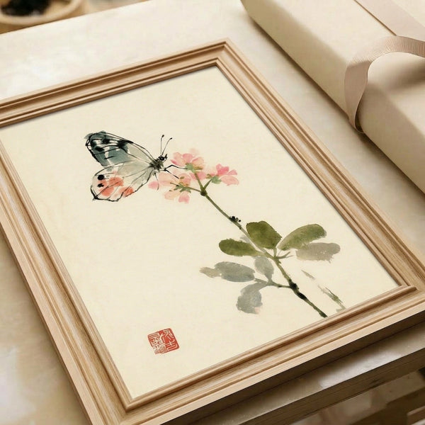 Japanese woodblock-influenced poster of a graceful butterfly on a blooming pink flower with subtle leaf details in soothing watercolor and ink, framed wall art.