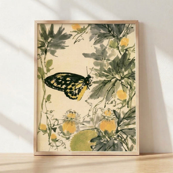 Serene watercolor painting of a monarch butterfly perched among delicate blossoms and green foliage, rendered in soft cream, sage, and yellow tones on a framed poster.