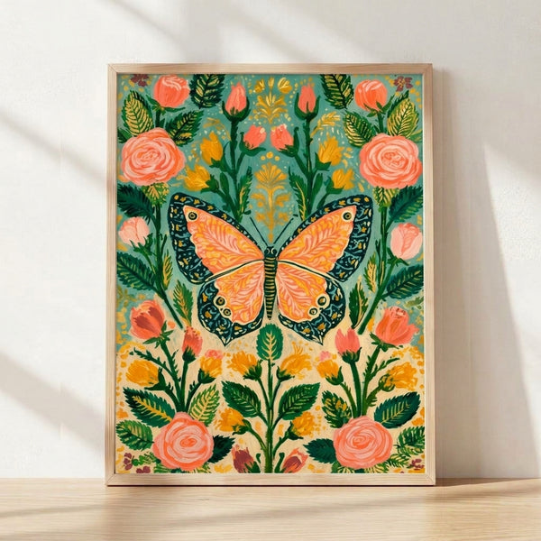 Framed botanical art print featuring an orange monarch butterfly among coral roses, golden ferns, and forest green foliage in art nouveau style with whimsical garden charm.