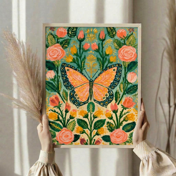 Delicate framed botanical print of a monarch butterfly nestled in rose garden with golden yellow accents and lush green leaves in romantic, whimsical style.