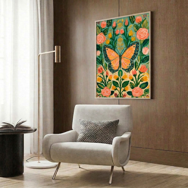 Garden-inspired wall poster in art nouveau aesthetic showing an orange monarch butterfly among coral flowers and teal-green foliage with serene, cottagecore mood.