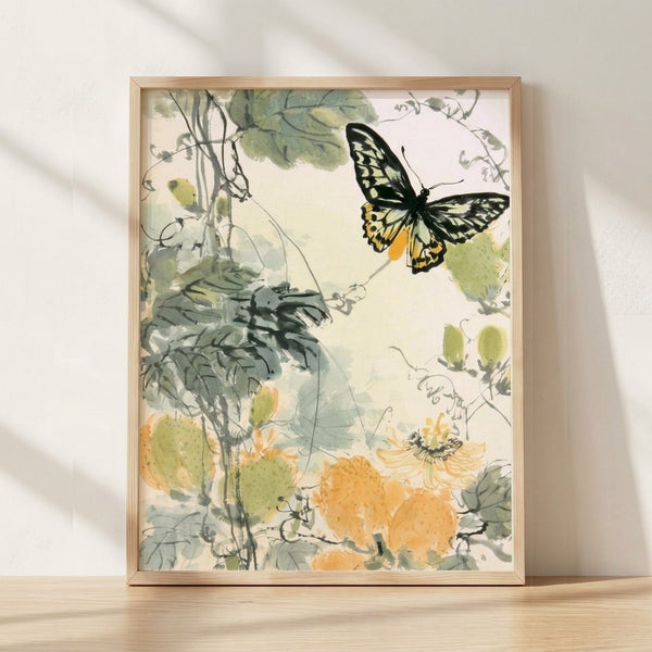 Watercolor swallowtail butterfly surrounded by delicate flowers, vines, and sage green leaves in soft Art Nouveau style, framed poster on wall.