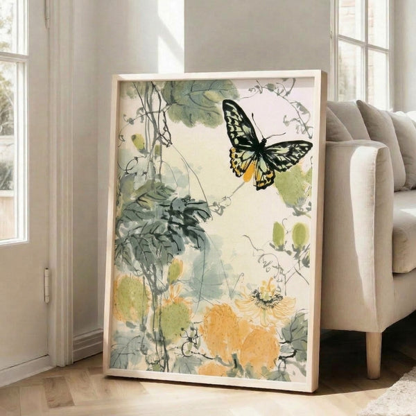 Serene botanical watercolor art featuring a graceful butterfly poised among cream and pale yellow blooms with naturalistic foliage in muted tones.