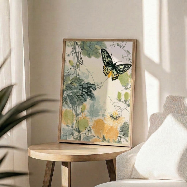 Delicate garden scene in watercolor with a swallowtail butterfly, flowing vines, and soft florals in sage green and blue-gray hues, framed as wall art.