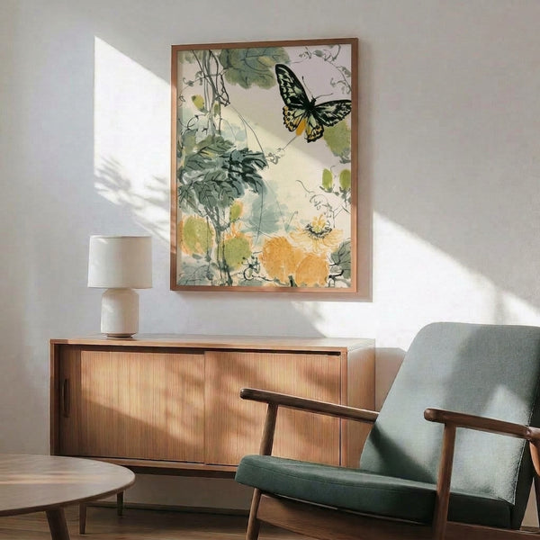 Naturalistic watercolor print depicting a butterfly nestled within an ethereal garden of flowers and leaves in serene cream, yellow, and soft green tones.