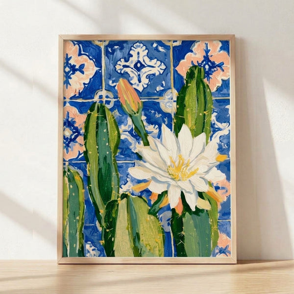 Watercolor-style botanical print of a coral cactus flower against cobalt blue geometric tiles, framed poster with boho aesthetic and fresh artistic mood.