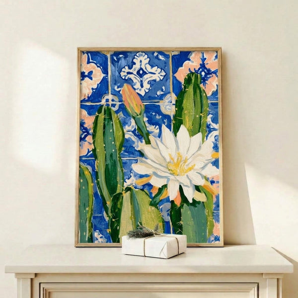 Modern boho art print featuring a blooming cactus flower in coral tones set against cream and cobalt blue tile pattern, soft watercolor style wall decor.