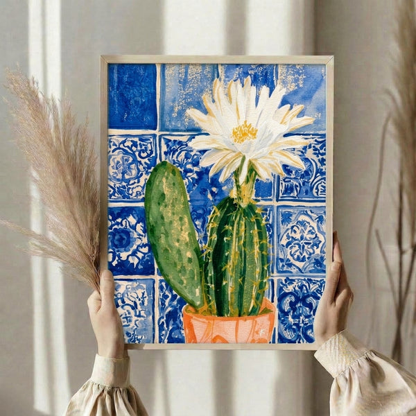 Soft watercolor illustration of a potted blooming cactus with decorative Talavera tiles in rich cobalt blue and warm golden accents, evoking a cozy, cheerful botanical mood.