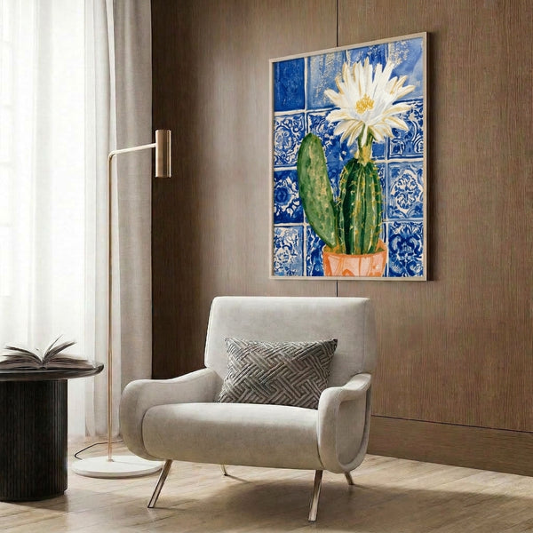 Charming boho wall print showcasing a flowering cactus in watercolor, paired with ornamental Talavera tile designs in cobalt, golden yellow, and terracotta on a creamy neutral ground.