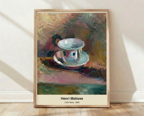 Framed modern art print of a minimalist cafe table in warm ochre and terracotta tones with elegant Art Nouveau influences, evoking contemplative sophistication.