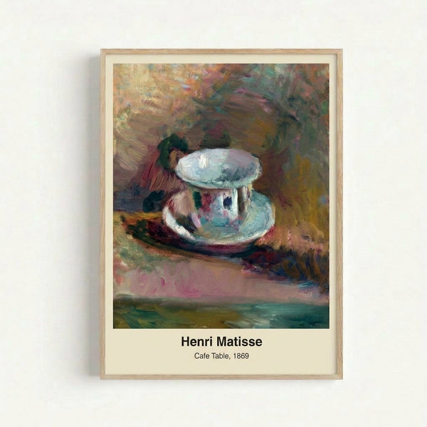 Matisse-inspired poster featuring a stylized cafe table rendered in burnt sienna and cream, displaying minimalist aesthetic with warm, serene mood.