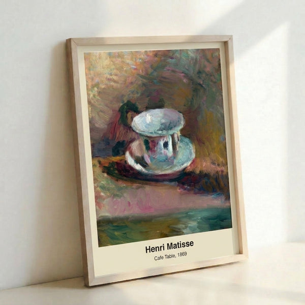Contemporary wall art depicting a simplified cafe table composition in earthy ochre and terracotta hues, capturing elegant minimalist sensibility.