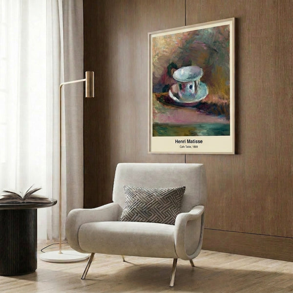 Modern art poster showing a gracefully simplified cafe table design in terracotta and ochre palette, radiating warm elegance and understated refinement.