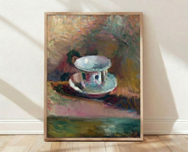 Framed abstract cafe table art print in warm earth tones and soft pastels, featuring modernist composition with simplified forms and organic shapes.