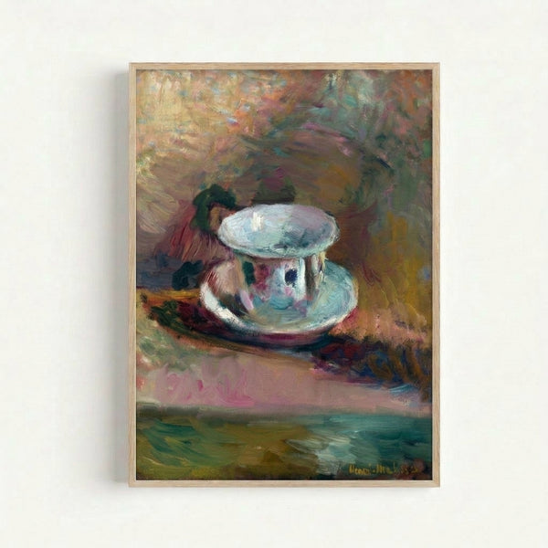 Contemporary poster of a stylized cafe scene with Matisse-inspired color blocking in ochre, cream, and muted blues, displayed as framed wall art.