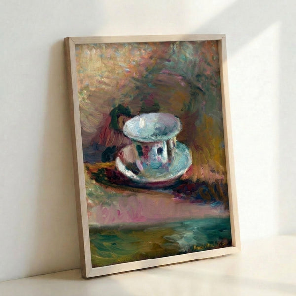 Minimalist cafe table artwork in soft neutrals and warm accents, rendered in modern abstract style with flattened perspective and organic lines.