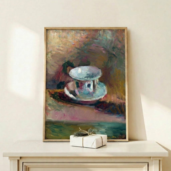 Framed art print depicting an intimate cafe interior with simplified furniture forms in harmonious earth and pastel tones, contemporary aesthetic.
