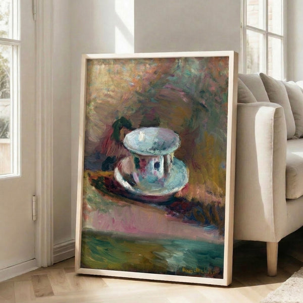 Abstract cafe composition with characteristic modernist palette of warm beiges, soft greens, and terracotta, geometric and flowing shapes on framed poster.
