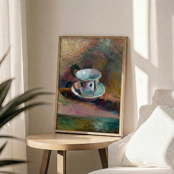 Serene cafe table scene in contemporary art style with reduced color palette of creams, warm browns, and soft blues, creating tranquil wall decor.