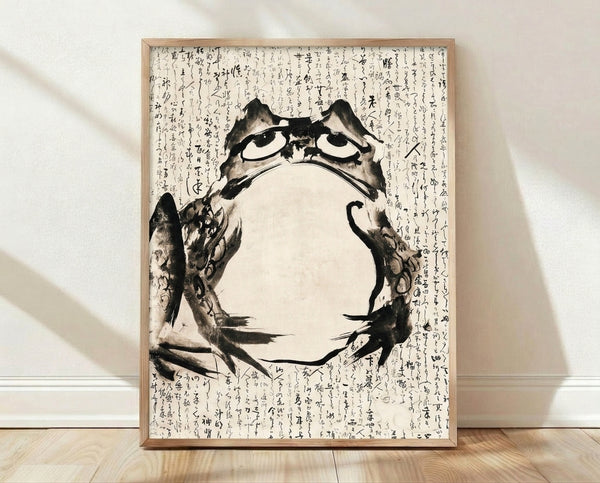 Minimalist Japanese ink wash painting of a cat in black and gray brushstrokes on cream background, framed poster with contemplative scholarly mood.