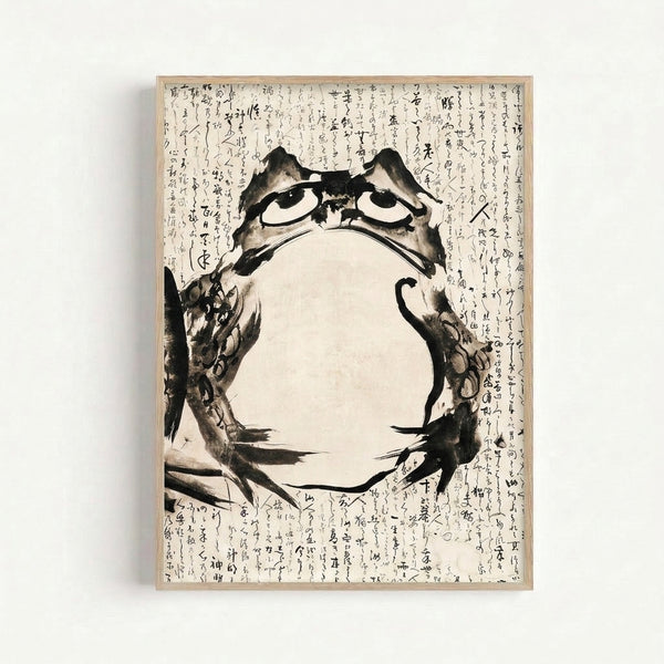 Sumi-e style cat calligraphy art print featuring bold black strokes and gray tones on white, evoking Zen aesthetic and whimsical charm.
