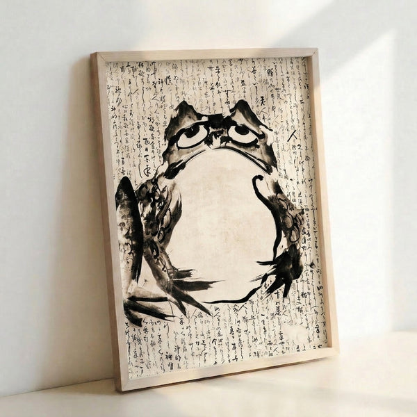 Framed Japanese woodblock-inspired poster with a meditative cat figure rendered in black ink and subtle gray washes, minimalist composition on cream.