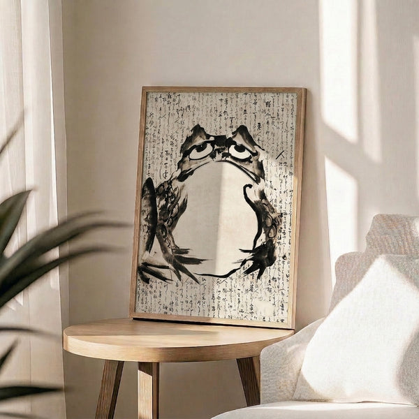 Minimalist framed cat artwork in traditional Japanese ink style, featuring contemplative brushstrokes in black, gray, and cream tones with scholarly refinement.