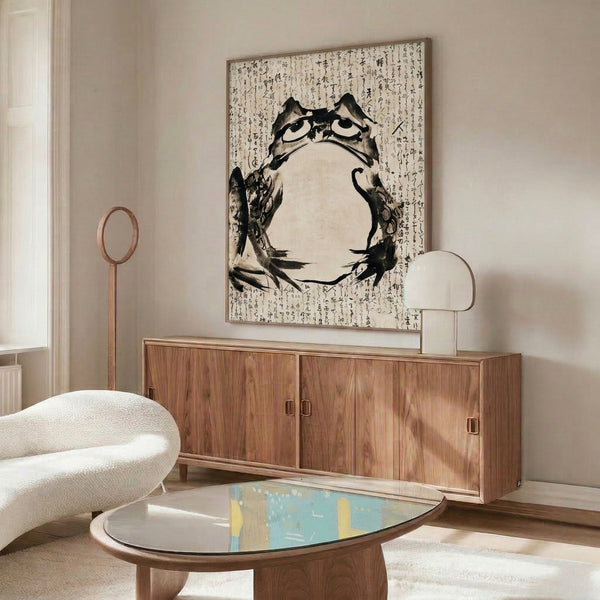 Whimsical Japanese cat print with sumi-e calligraphy elements, monochromatic black and gray design on cream, framed wall art with Zen sensibility.
