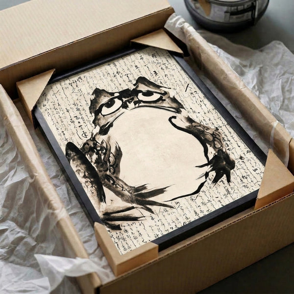 Contemplative cat calligraphy poster in Japanese minimalist style, rendered in black ink and gray washes with scholarly whimsy, cream background.