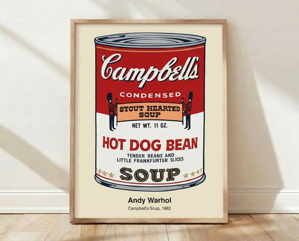 Pop art framed poster featuring a bold red and white Campbell's soup can with gold accents, rendered in Andy Warhol's iconic deadpan style.