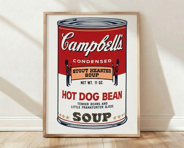 Pop art framed poster featuring a bright red and white Campbell's soup can against a contrasting background, iconic 1960s modern art style.