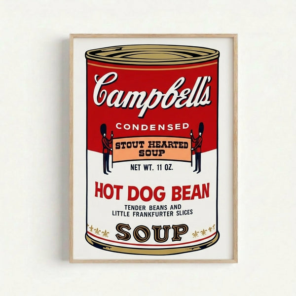 Warhol-inspired Campbell's soup can art print in vibrant red and cream tones, displayed as a framed wall piece in contemporary pop art style.