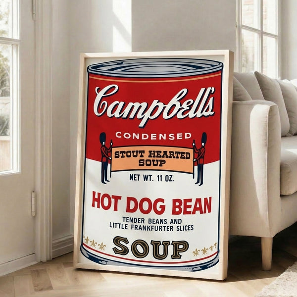 Modern pop art framed print showcasing a simplified Campbell's soup can design in red and white, a statement piece for contemporary spaces.