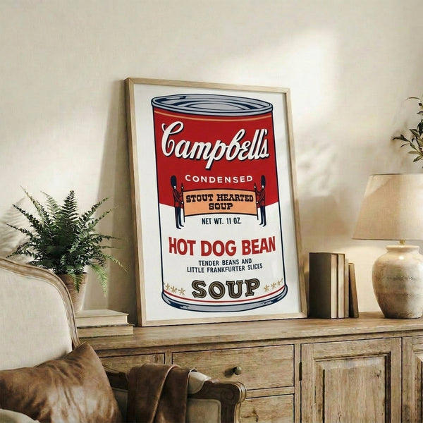Bold red and white Campbell's soup can poster art, framed and ready to hang, epitomizing iconic pop art aesthetics.