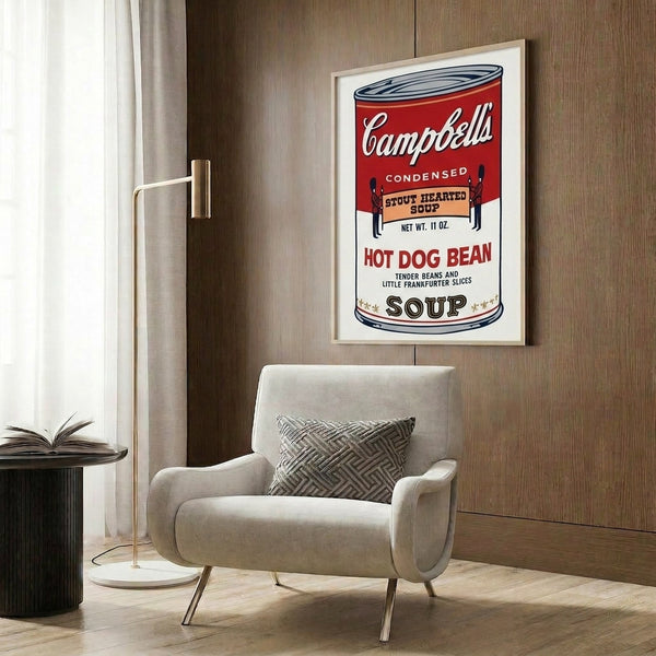 Framed art print of a Campbell's soup can in vivid red and cream, a timeless pop art composition with graphic appeal.