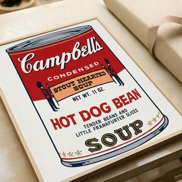 Contemporary framed poster featuring a Campbell's soup can in striking red and white tones, classic pop art imagery for modern wall decor.