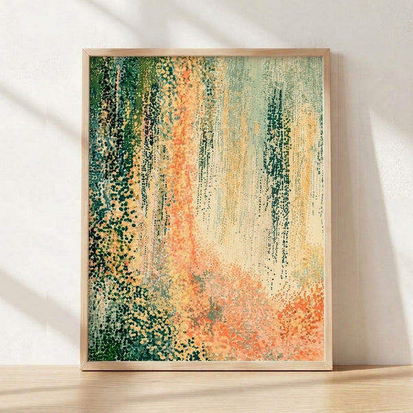 Abstract minimalist poster in sage and forest green with coral accents and gold details, evoking a calm, meditative mood with organic flowing forms.